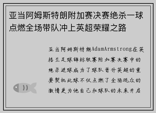亚当阿姆斯特朗附加赛决赛绝杀一球点燃全场带队冲上英超荣耀之路
