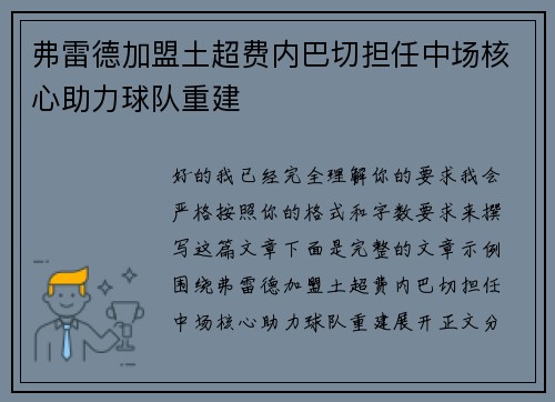 弗雷德加盟土超费内巴切担任中场核心助力球队重建
